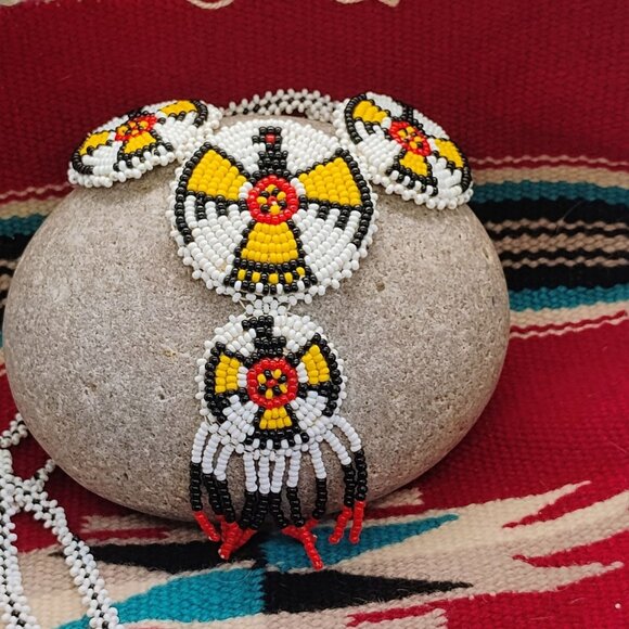 Handmade Jewelry - Vtg Native Handmade Seed Bead Medallion Necklace Thunderbird w/Fringe